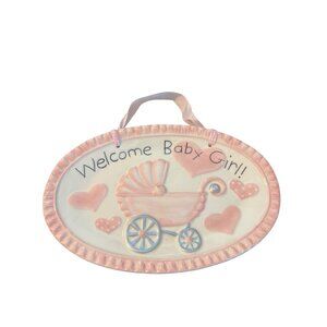 Mud Pie Ceramic Welcome Baby Girl Plaque Pink Gingham Ribbon Personalize NWOT